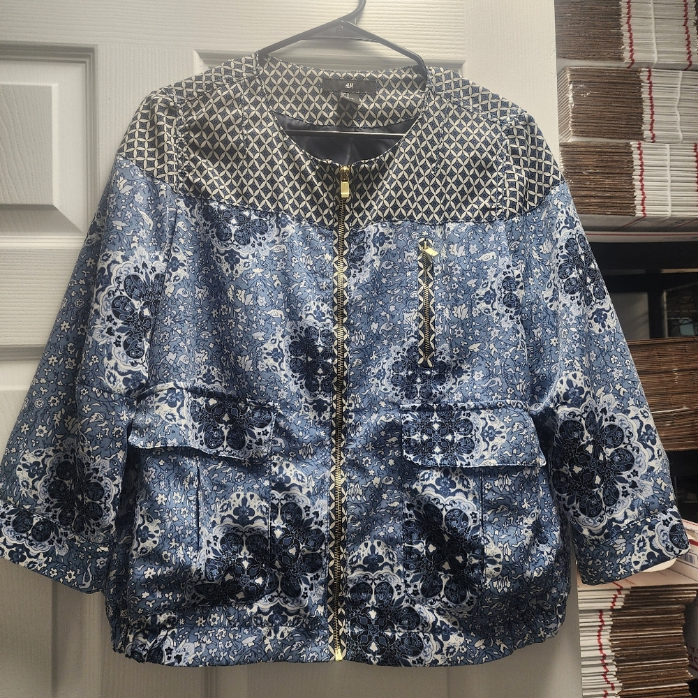 H&M Blue Bomber Jacket with Ornate Design - Picture 2 of 4
